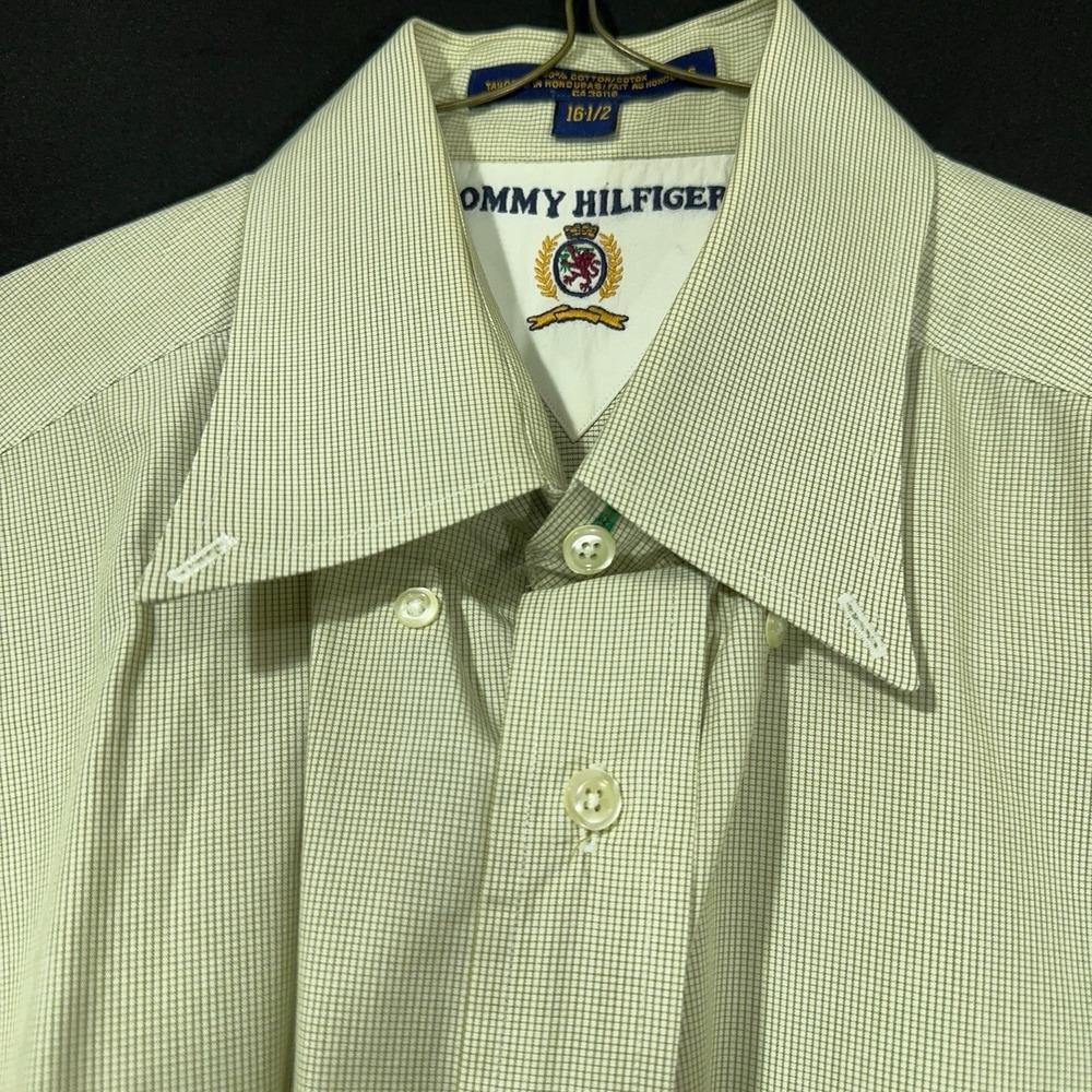 Tommy Hilfiger Mens 16 1/2 Beige Button Down Shirt Short Sleeve VTG Lion Crest‎